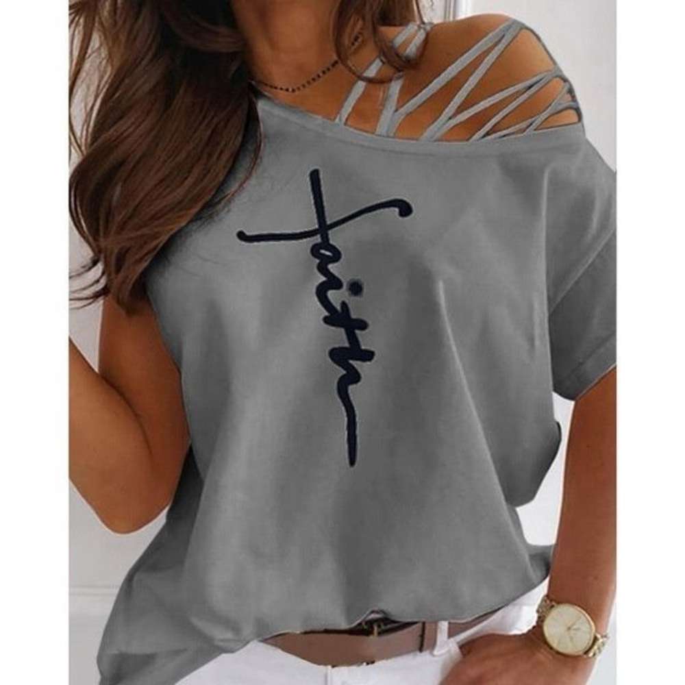 Sz M women’s graphic t shirt summer tops grey short sleeve light weight